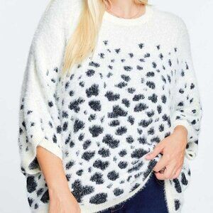 DAVI & DANI Plus Size White Fuzzy Sweater with Black Leopard Print, Oversized